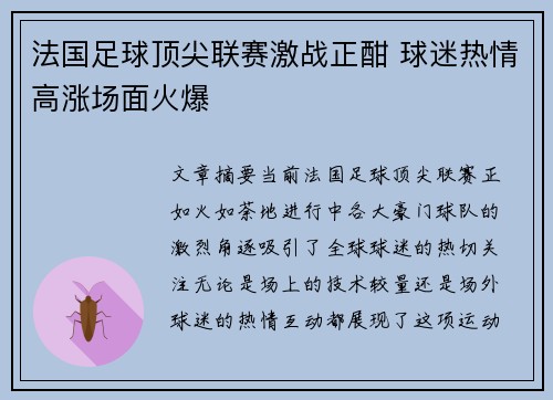 法国足球顶尖联赛激战正酣 球迷热情高涨场面火爆