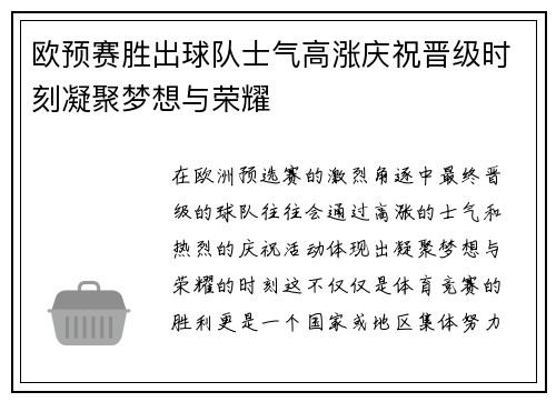 欧预赛胜出球队士气高涨庆祝晋级时刻凝聚梦想与荣耀