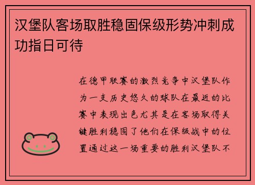 汉堡队客场取胜稳固保级形势冲刺成功指日可待