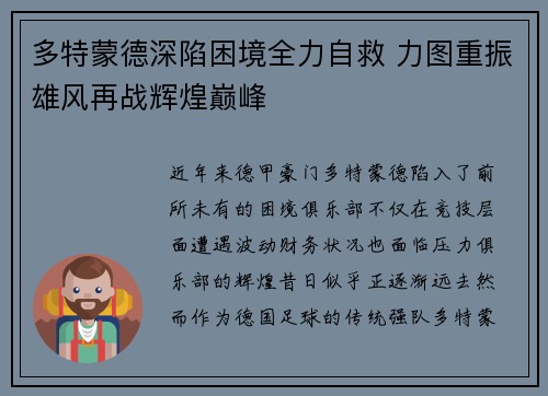 多特蒙德深陷困境全力自救 力图重振雄风再战辉煌巅峰