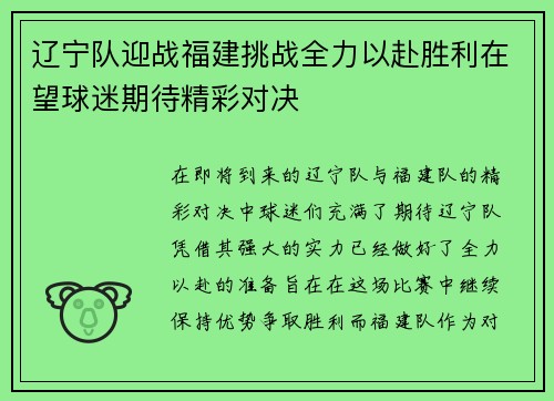 辽宁队迎战福建挑战全力以赴胜利在望球迷期待精彩对决